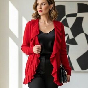 Style & Co $79 Large Red Waterfall Ruffle Open Front Long Tunic Knit Cardigan